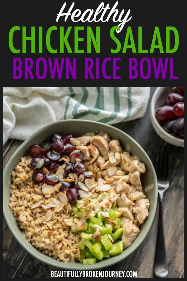 This healthy chicken salad and brown rice bowl with grapes, celery and honey mustard is easy and a great well balanced meal you can prep ahead of time! #chickensalad #healthychickensalad #chickensaladwithgrapes #beautifullybrokenjourney #salad