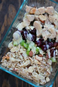 Delicious chicken salad with brown rice bowl is perfect for meal prep!