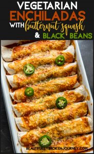  Vegetarian Enchiladas filled with butternut squash, black beans, tomatoes and spices are quick and easy to prepare and perfect for a healthy dinner on a busy weeknight! #enchiladas #vegetarianenchiladas