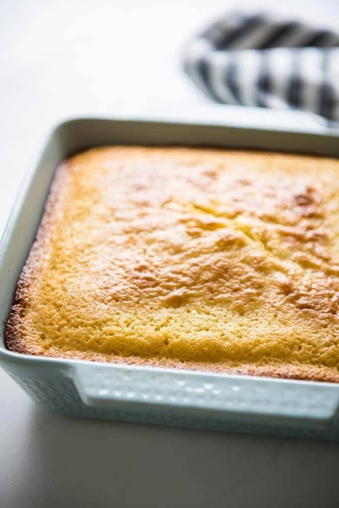 Up close picture of a pan of cornbread