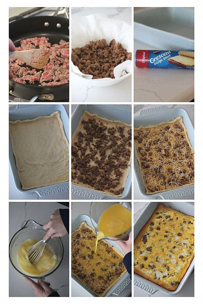 A step by step process describing how to make breakfast casserole with crescent rolls.  Brown the sausage, line the pan with crescent rolls, add the sausage, cheese and egg and bake!