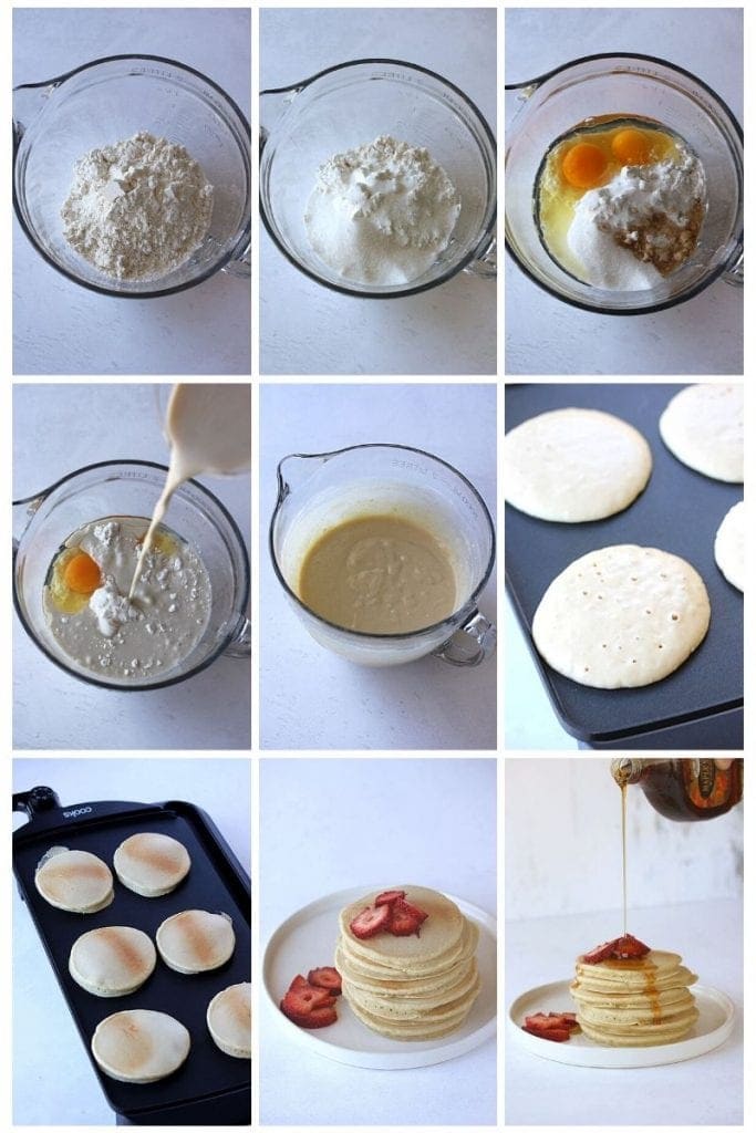 The process of gluten free pancakes in a bowl and on the griddle
