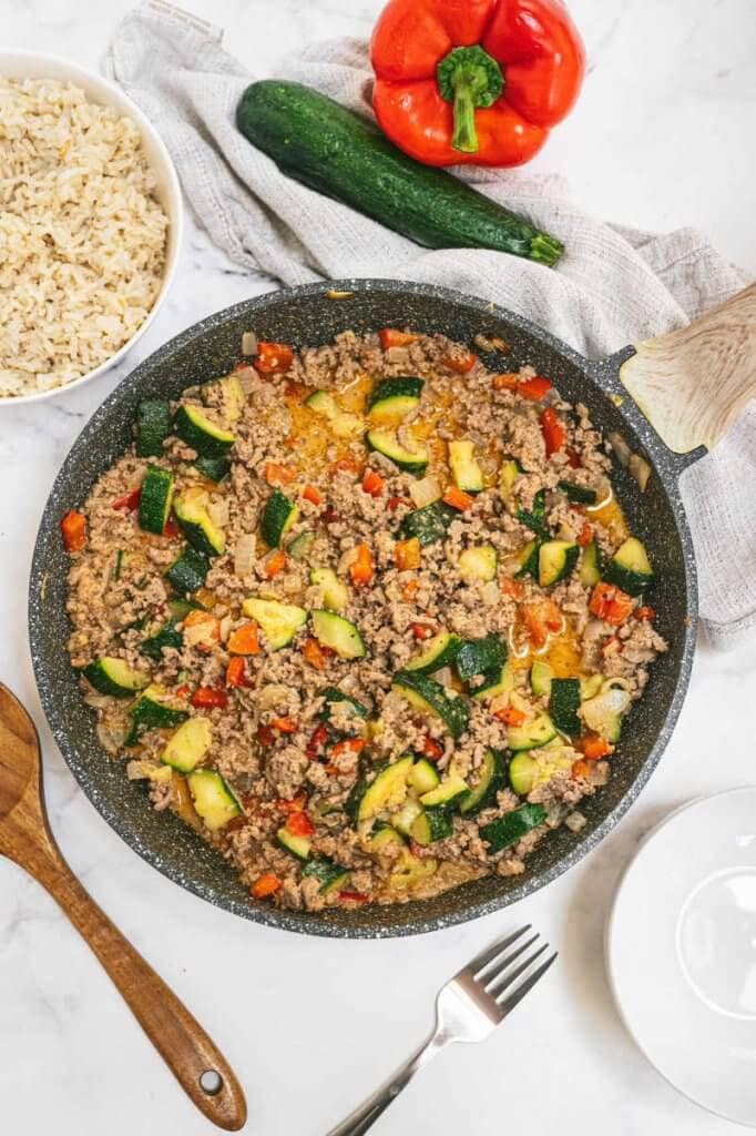 Pan with turkey skillet with veggies in it.