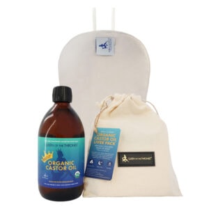 castor oil pack and carrying case and organic castor oil pack in a bottle