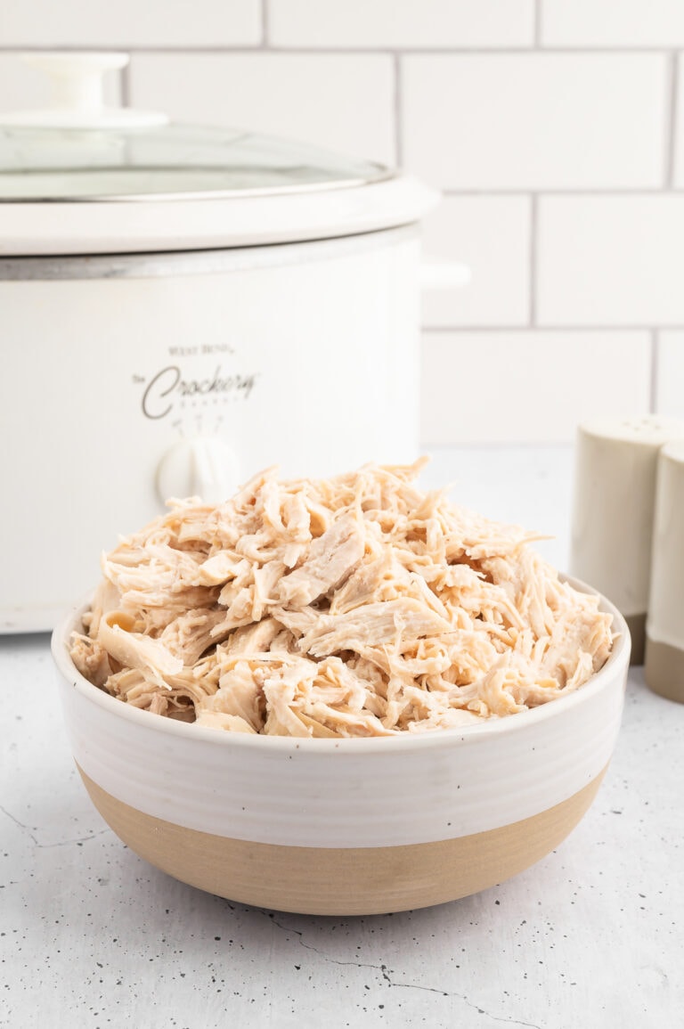 a bowl of shredded chicken in a white bowl with a white slow cooker behind it