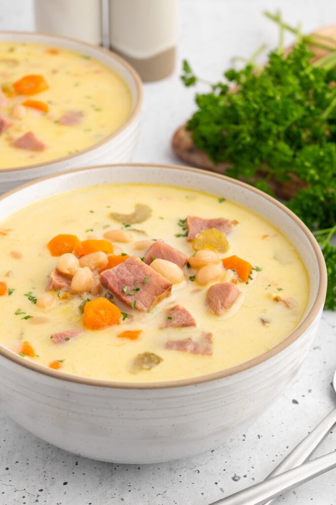 two bowls of creamy ham and bean soup
